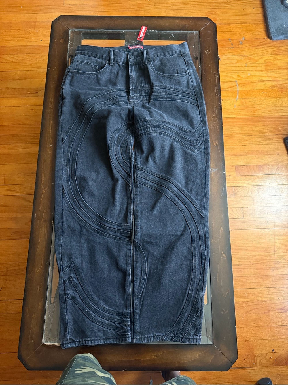 Supreme Logo Black Jeans with Red Detail - Picture 2 of 5